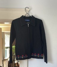 100 Wool Karen Scott Zip Cardigan Embroidered Flowers Small