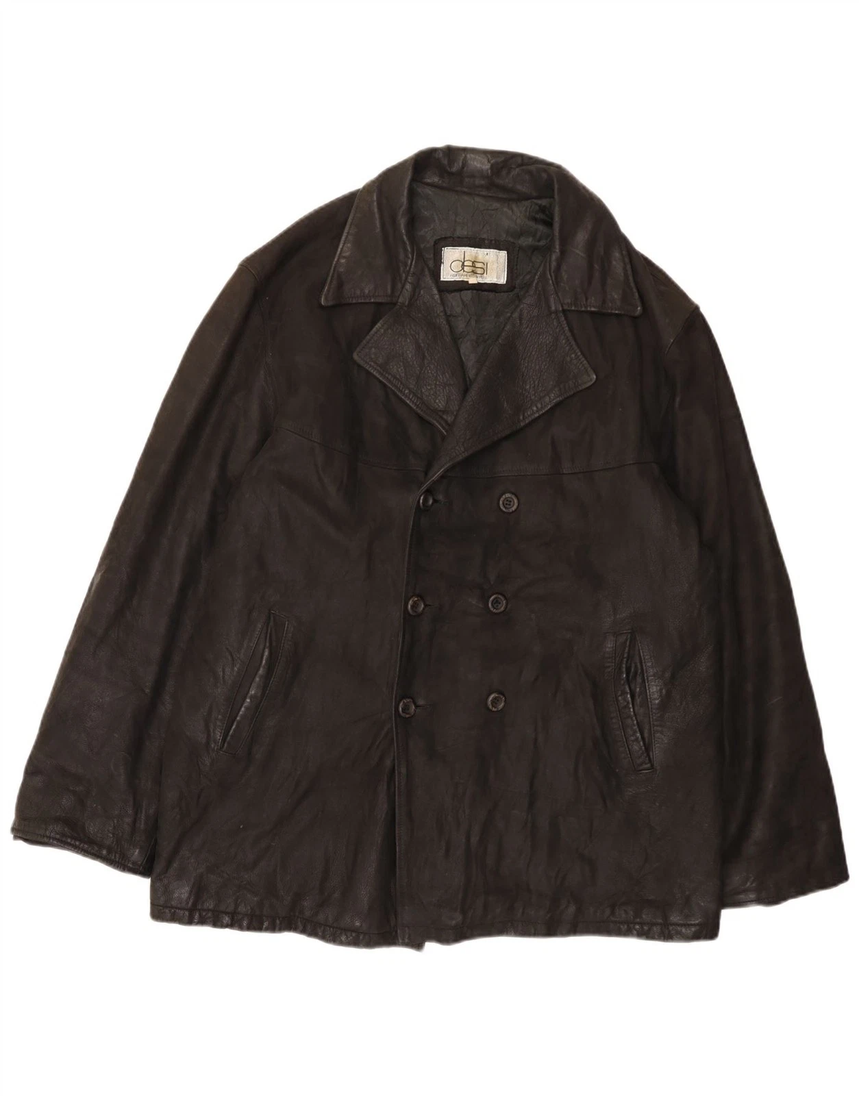 Desi Mens Double Breasted Leather Jacket UK 42 XL Black Leather DS01