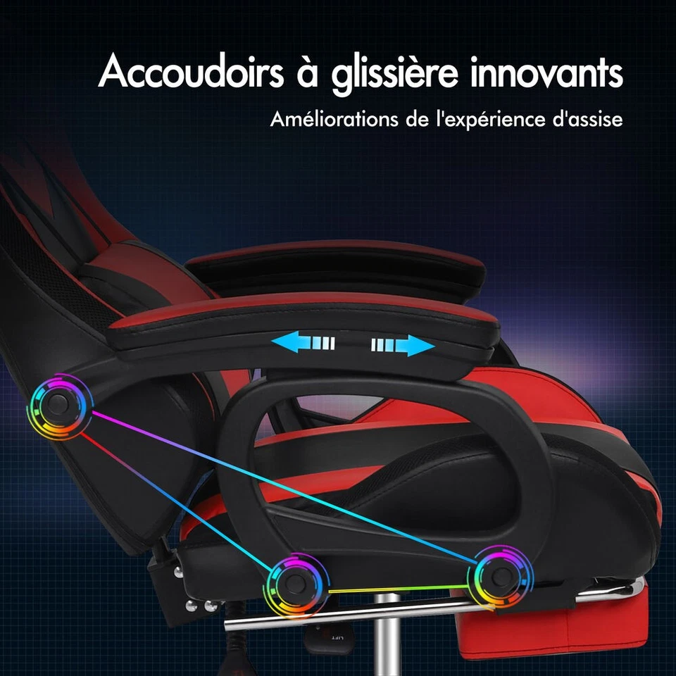 ALFORDSON Chaise Gaming Chaise de Bureau LED et Massant 8 Points Rouge et Noir - Photo 4/4