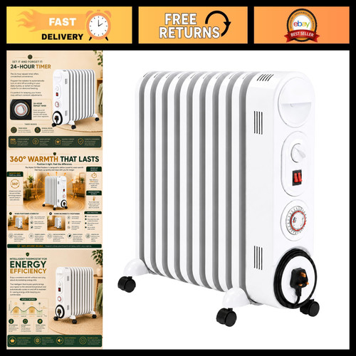 Portable 2KW Oil Filled Radiator Heater - Electric, Thermostat, 24hr Timer, 3 He