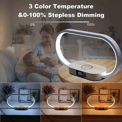 Bedside Lamp with Oak Base - Wireless Charging, Brightness Control, Clock