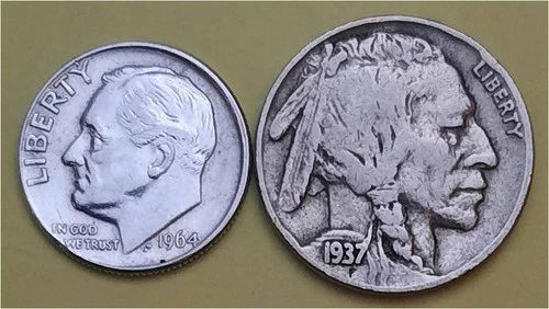 Lot of 2 Coins- 1 90% Silver Roosevelt 10c (1964D) & 1 Better Buffalo 5c (1937P)