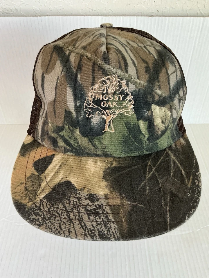 复古 Mossy Oak 迷彩帽子缝制标志平沿网眼布美国制造罕见 — 第 3/4 张图片