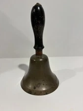 Antique 6” Brass Wood Handle Hand Held School Dinner Bell Org Clapper