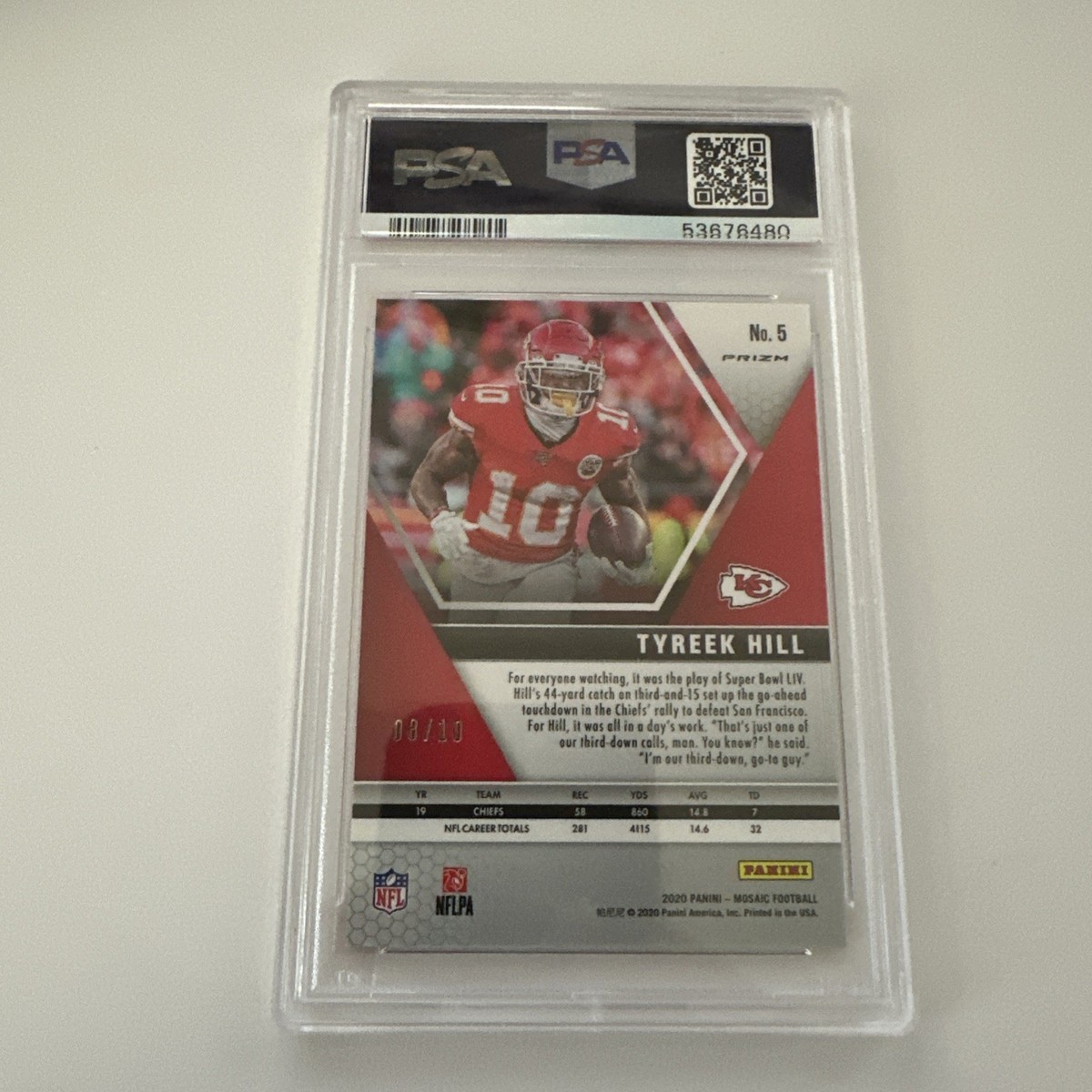 Tyreek Hill PSA 10 2020 PANINI MOSAIC # 5 PINK FLUORESCENT PRIZM 8