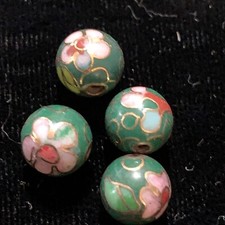 4 Vintage Green w Pink Flowers Leaves Cloisonne Chinese Enamel Round Beads 8mm