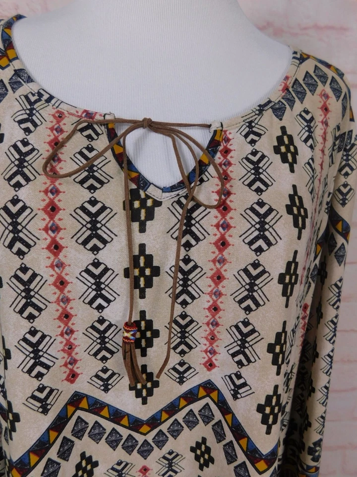 Top túnica cato mujer 18/20W boho estampado tribal manga larga cuello corbata Foto 4 de 4