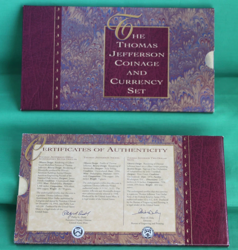 1993 Jefferson Silver $1 Coin and Currency US Mint Set with $2 Note Matte Nickel - Image 3 of 4