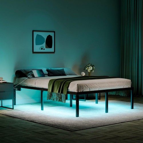 Queen Size Bed Frame with LED Lights & Charging Station - 18 Inch Heavy Duty ...