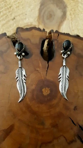 Native American Navajo Black Onyx Sterling Silver Dangle Feather Earrings 