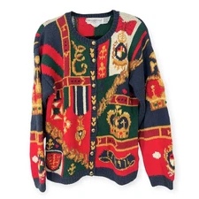 Vintage 1991 90's M  The Eagle's Eye Crown Royalty Hand Knit Sweater Cardigan 
