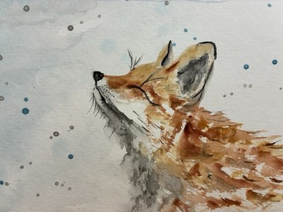 Original 5x5 Watercolor Fox Winter Snow-NOT A PRINT-Signed-New!