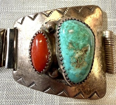 Vintage Navajo Sterling Silver Turquoise Coral Watch Band Mark Yazzie Signed