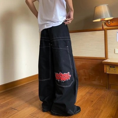 Y2K Embroidered Baggy Jeans – Hip-Hop Wide-Leg Streetwear