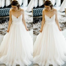 Beach Wedding Dresses Spaghetti Straps Lace Flower Applique Boho Bridal Gowns