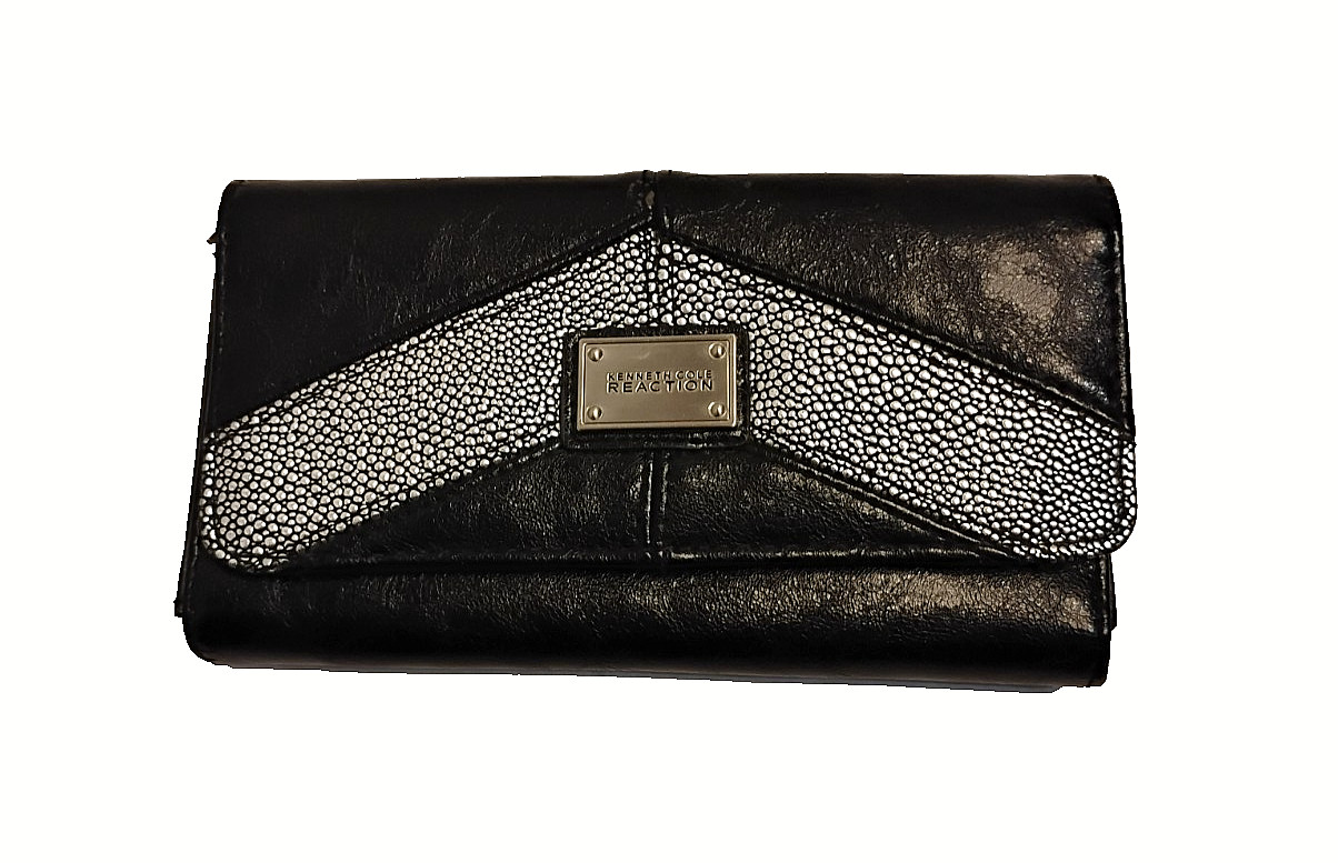 Kenneth Cole Reaction Black Leather Tri-fold Wallet w/ Metallic Detail