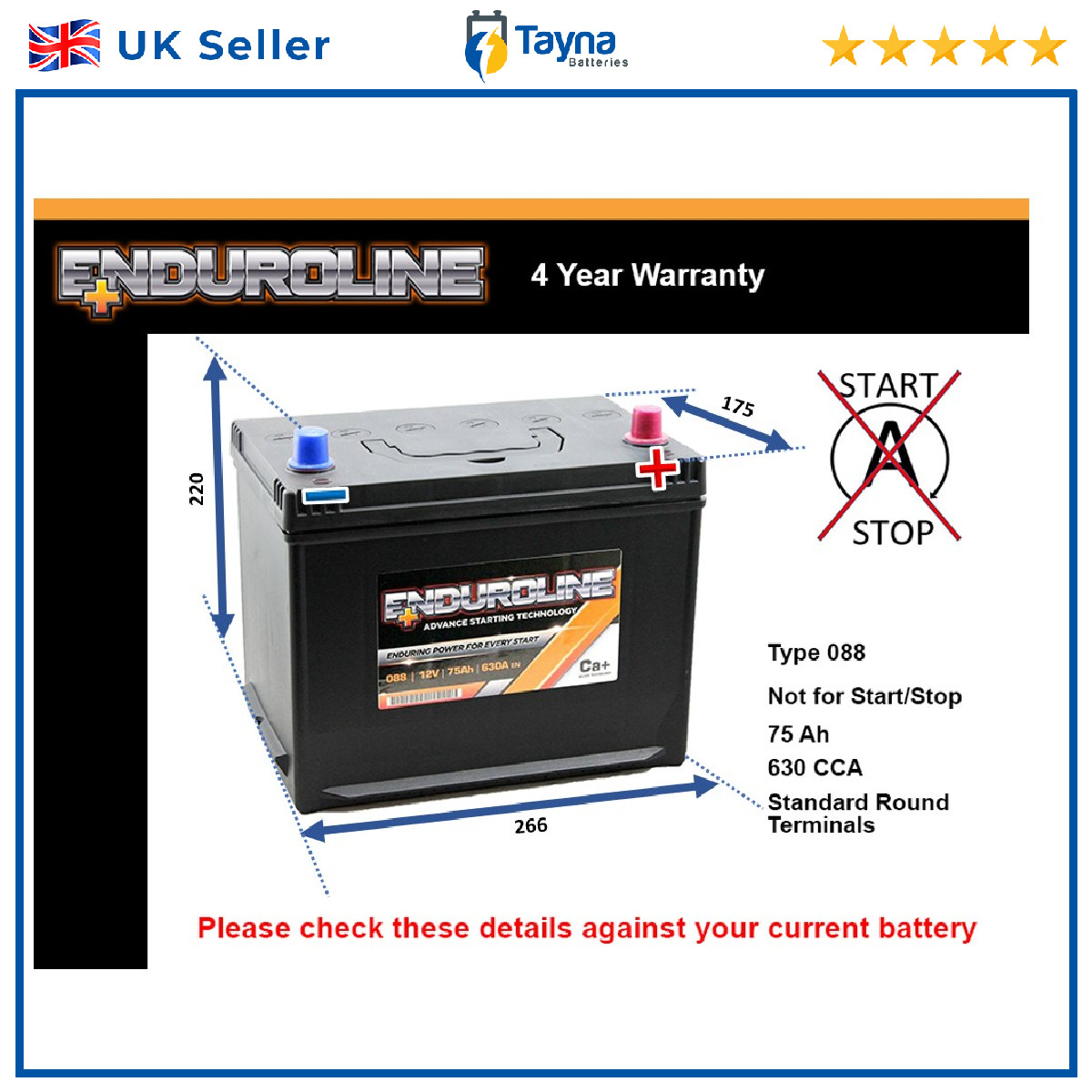 Car Battery 088 Enduroline 088 630A 75Ah 4Yr Warranty 266x175x220