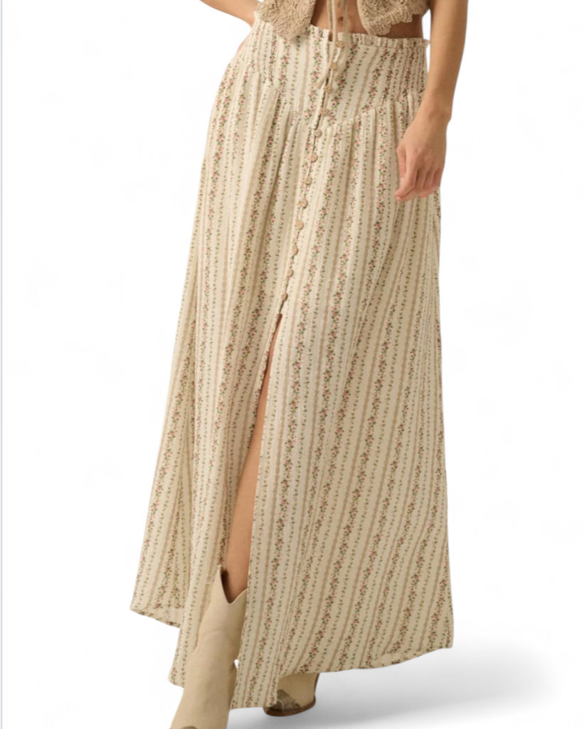 NWT Promesa Maxi Skirt IVORY GAUZE Pink Floral COTTAGE PRAIRIE Smocked Yoke SZ M