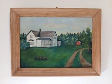 Vtg Folk Art Oil Painting Farmhouse Country Landscape PA Primitive Framed 1960