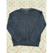 Tommy Hilfiger Mens XL Navy Blue V-Neck Long Sleeve Knit Pullover Sweater Logo