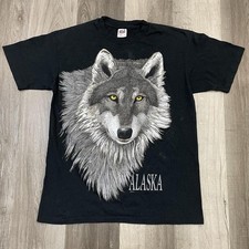 90s Alaska Wolf Tee USA Made Big Logo Mega Print Graphic Rare Vintage size L