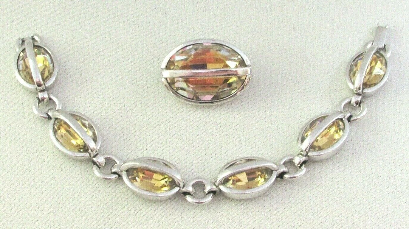Vtg Modern Set Brooch Bracelet CHR DIOR Signed Citrine Crystal on Silver 691wy