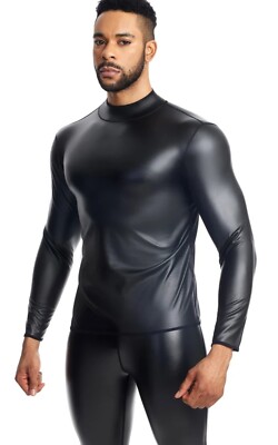 Herren Langarm Kunstleder Shirt Unterwäsche Body Shaper Trainer Slim fit