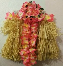Luau Short Skirt Kit by Spirit Adult Medium with pink Lei and Floral headband 
