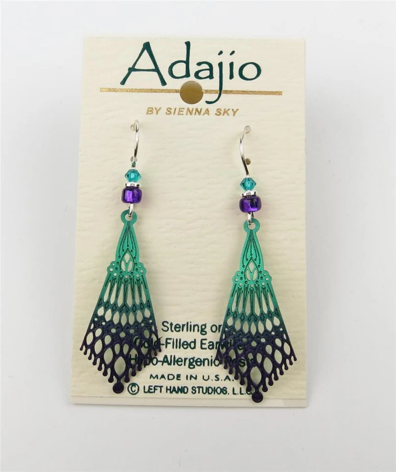 Pendientes Adajio Verde Profundo y Violeta Detalle 'Persa' Gota Hechos a Mano en EE. UU. 7523 Foto 2 de 4