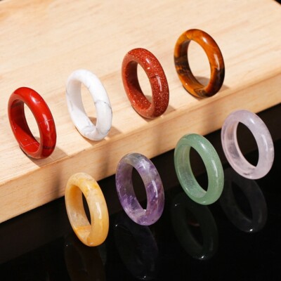 Natural Gemstone Band Ring Tiger Eye Amethyst Quartz Turquoise Jade Jasper R50