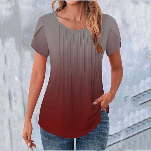 Women Fashion Petal Sleeves Crewneck Tunic Blouses Gradient Summer Tees Shirts - Picture 22 of 38