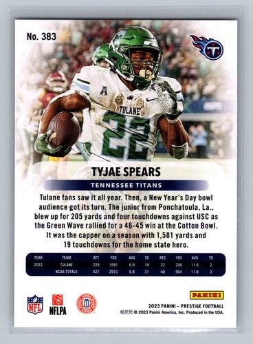 Tyjae Spears 2023 Panini Prestige Football Rookie Card # 383 Tennessee Titans RC - Picture 2 of 2