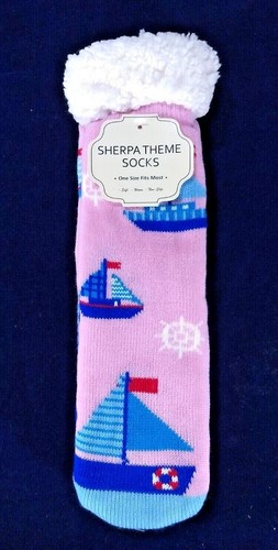 Sherpa Lined Theme Slipper Socks w/Gripper Bottom Pink/Blue - Sailboat Nautical