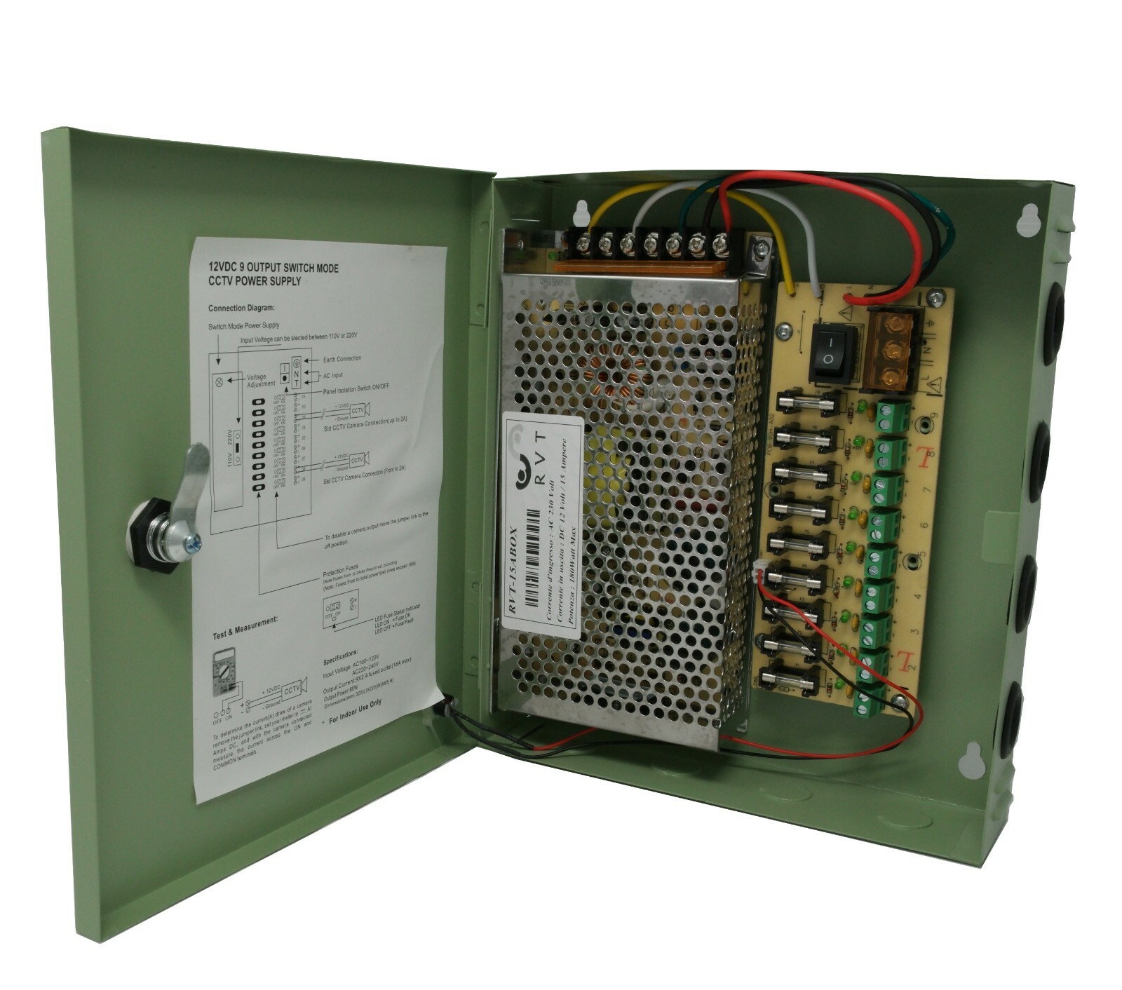 Alimentatore CCTV 9 Canali 12V 15A: Box Professionale per Telecamere e LED