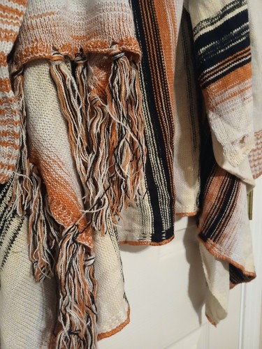 Women's Boho Chic Wrap Cardigan XXL Orange Black White Fringe Button - Picture 4 of 5