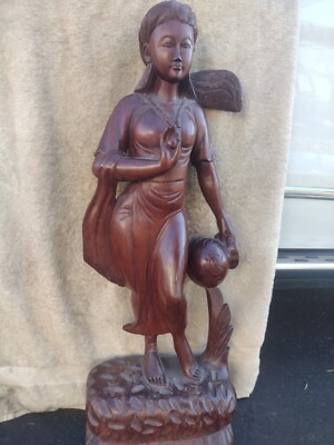 Antique~Beautiful Carved~ ~Wood Figurine~Asian Lady 33'' 