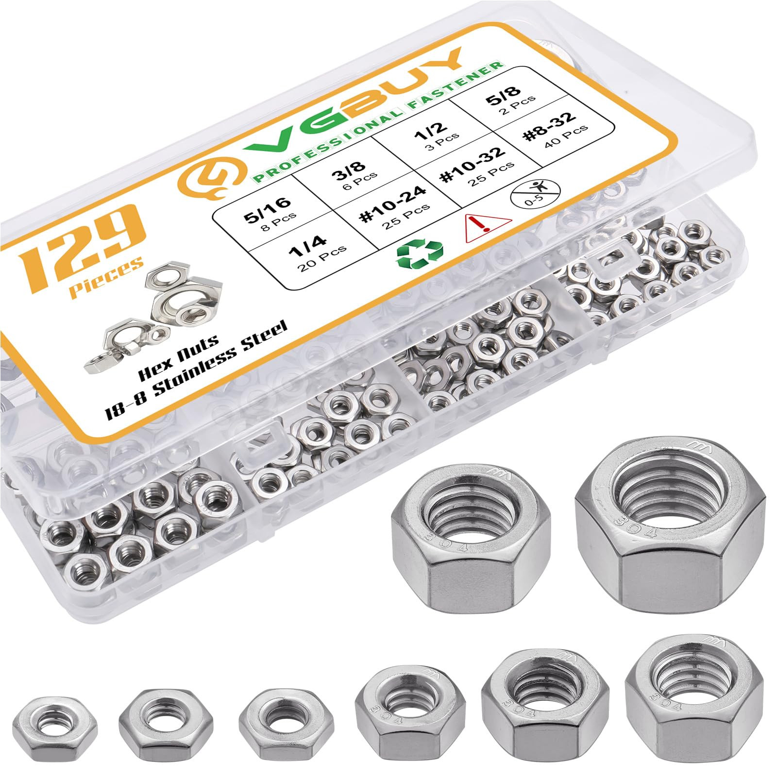 129pcs SAE Hex Nuts Assortment Kit 8-32 10-24 10-32 1/4