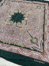 YSL Silk Scarf 33in Green Paisley Ornamental Square Classic Yves Saint Laurent