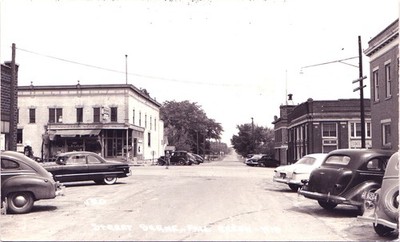 DOWNTOWN STREET INTERSECTION fall green wi. real photo postcard rppc wisconsin