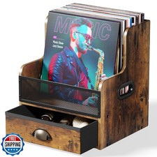JunVpic Vinyl Record Storage Crate with Drawer, Wooden and Metal