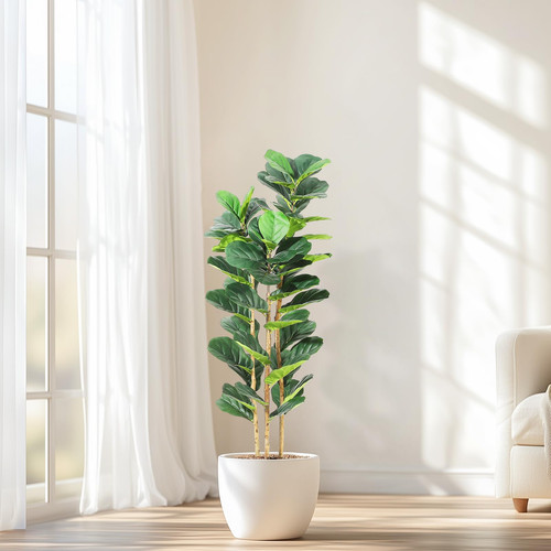 5 FT Faux Fiddle Leaf Fig Tree with White Tall Planter, Faux Trees with Artif...