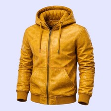 Mens Yellow Distressed Style Leather Front Zipper Hoodie Lambskin Leather Hoodie