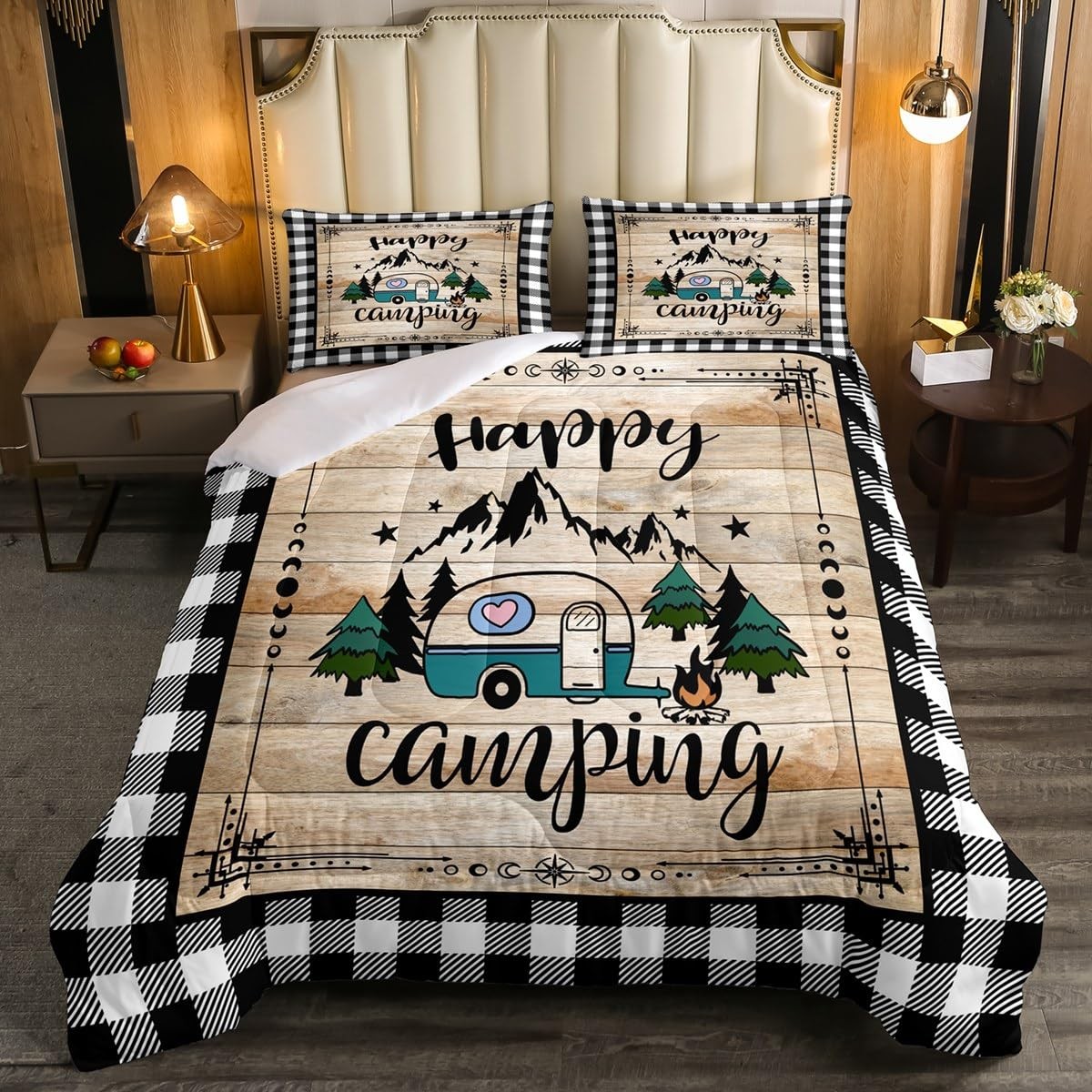 Camp Travel Car Comforter Set Balck and White Buffalo Plaid Queen Bedding Set...