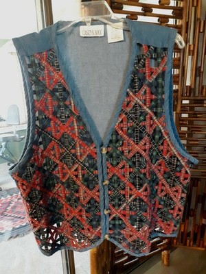 Vintage Y2K Denim Chambray Casey & Max Ladies Vest~ Madras Lattice CUTE!!! SZ XL
