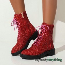 Women's Glitter Sequins Ankle Boots Lace Up Combat Performance Cosplay Shoes Zip