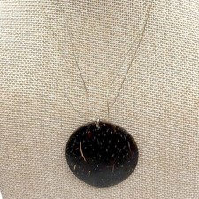 Vintage Round Coconut Shell Pendant Necklace Natural Brown Disc Statement Retro