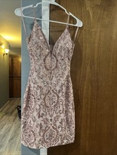 Windsor Sequin Mesh Bodycon Dress Pink Rose Gold V-Neck Backless Party Size M
