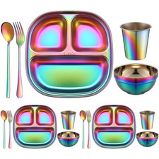 15 Pcs Stainless Steel Dinner Set, Bowls, Balanced Bites Divided Plates, Cups...