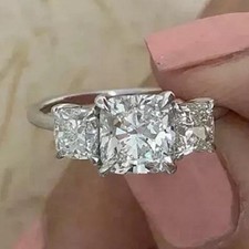 Three Stone 6 CT White Cushion Cut Simulated Diamond Wedding Ring In 925 Silver
