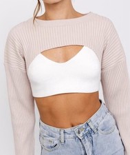 Love Tre Ribbed Knit Cropped Top Long Sleeve Tan Size Small New No Tags